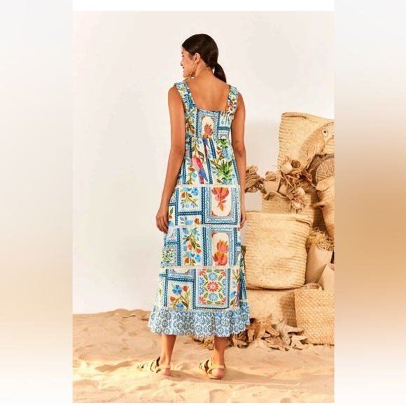 Farm Rio Anthropologie Tropical Tiles Maxi Dress Smocked Print Ruffle - Picture 2 of 7